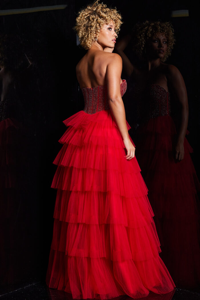 Model wearing Red Beaded Strapless Bodice Prom Gown 38090