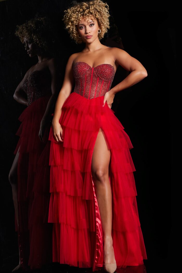 Model wearing Red Beaded Strapless Bodice Prom Gown 38090