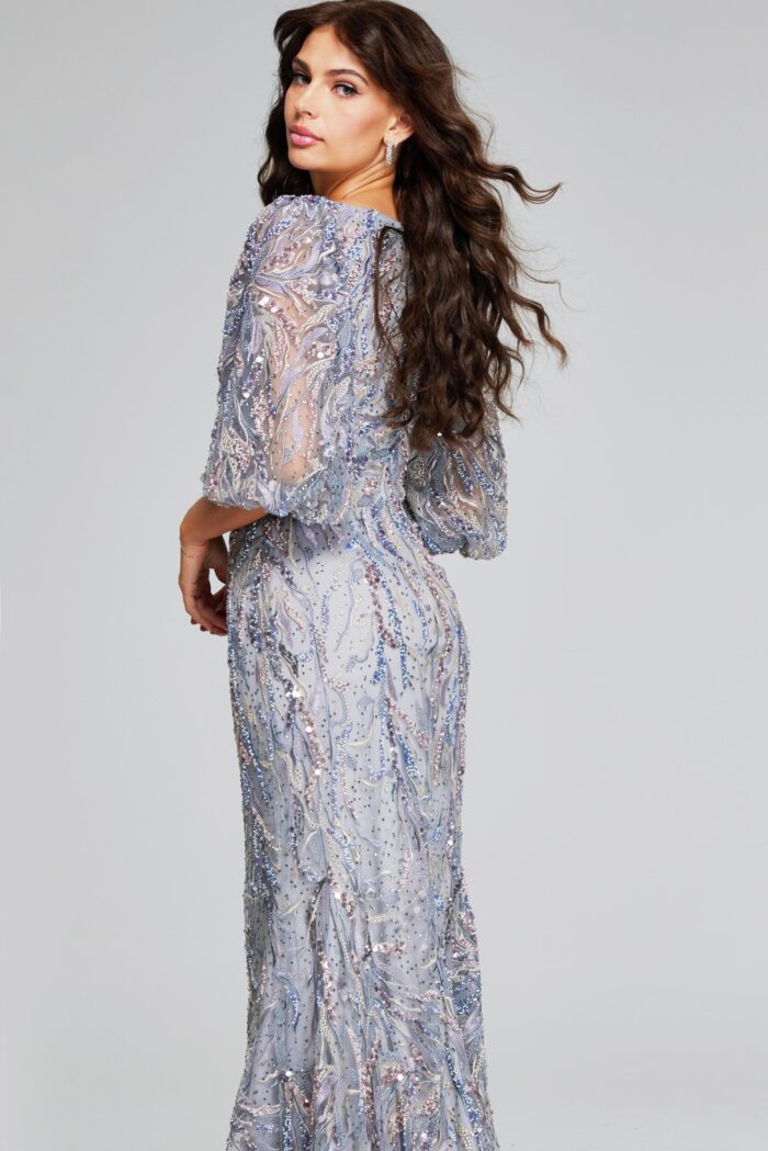 Model wearing Grey Sequin Gown with Puff Sleeves 38110