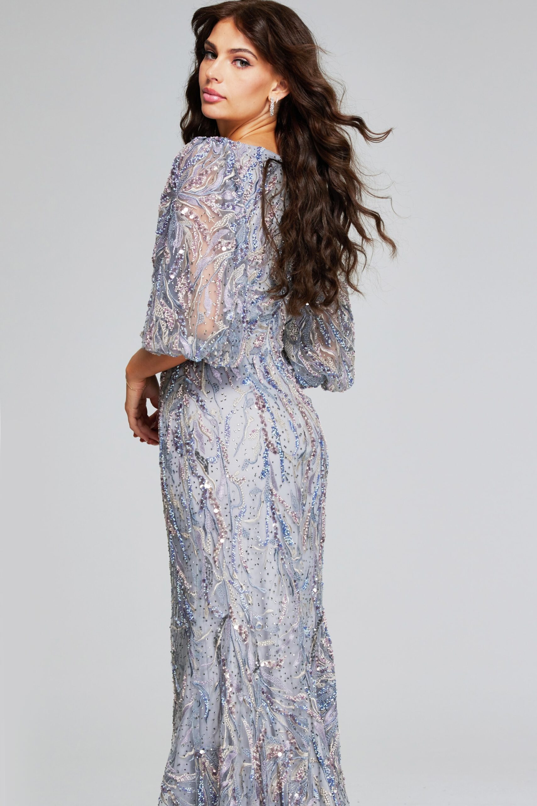 Grey Sequin Gown with Puff Sleeves 38110