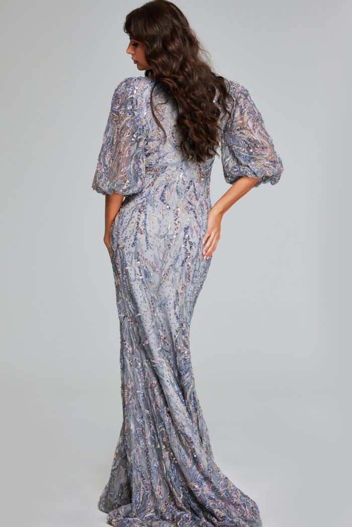 Model wearing Grey Sequin Gown with Puff Sleeves 38110