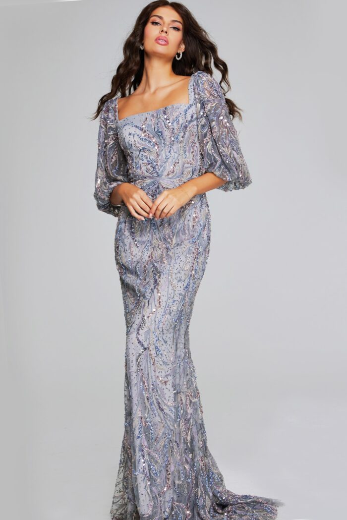 Model wearing Grey Sequin Gown with Puff Sleeves 38110