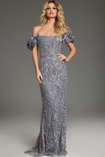 model wearing Jovani 38111 gray gown with beadwork and off-the-shoulder ruffle sleeves