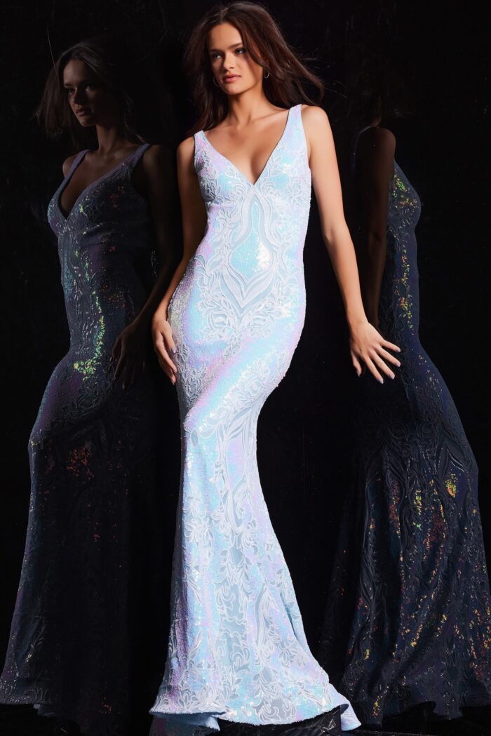 Model wearing Lilac Sequin Backless Long Dress 38148