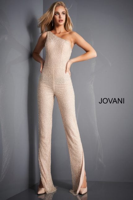 Model wearing Jovani 3816 nude jumpsuit with one-shoulder design