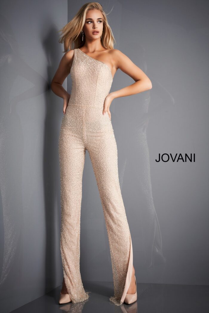 Model wearing Jovani 3816 Nude Silver One Shoulder Beaded Jumpsuit