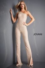 Model wearing Jovani 3816 nude jumpsuit with an asymmetrical neckline