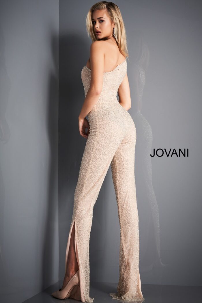 Model wearing Jovani 3816 Nude Silver One Shoulder Beaded Jumpsuit