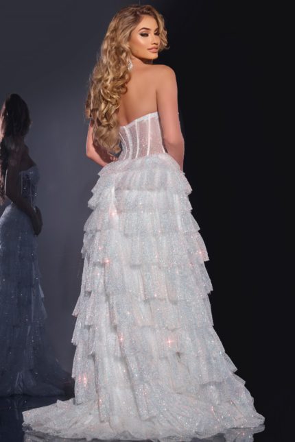 Back view of Jovani 38165 white dress with detailed bodice and layered skirt