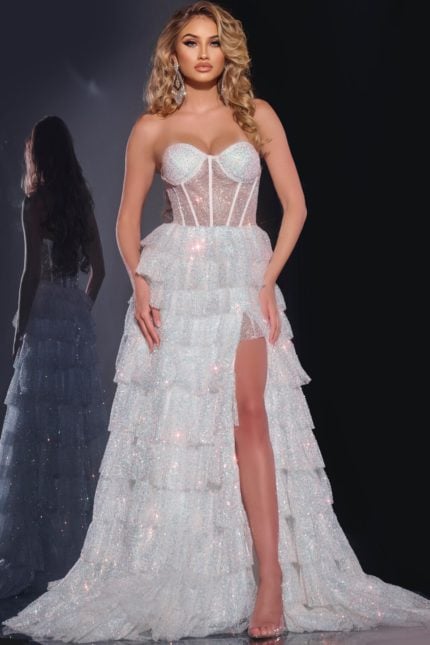 Model wearing Jovani 38165 white gown with sweetheart neckline and layered tulle skirt