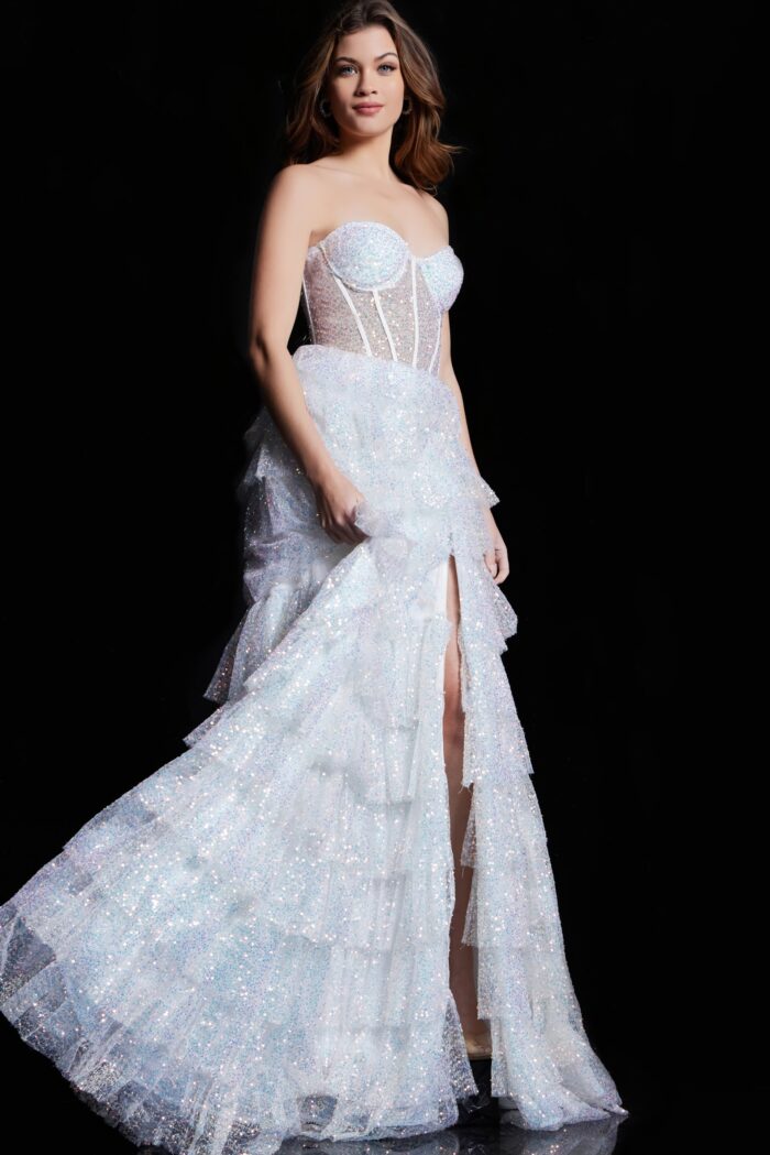 Model wearing Iridescent White Sequin Embellished Gown 38165