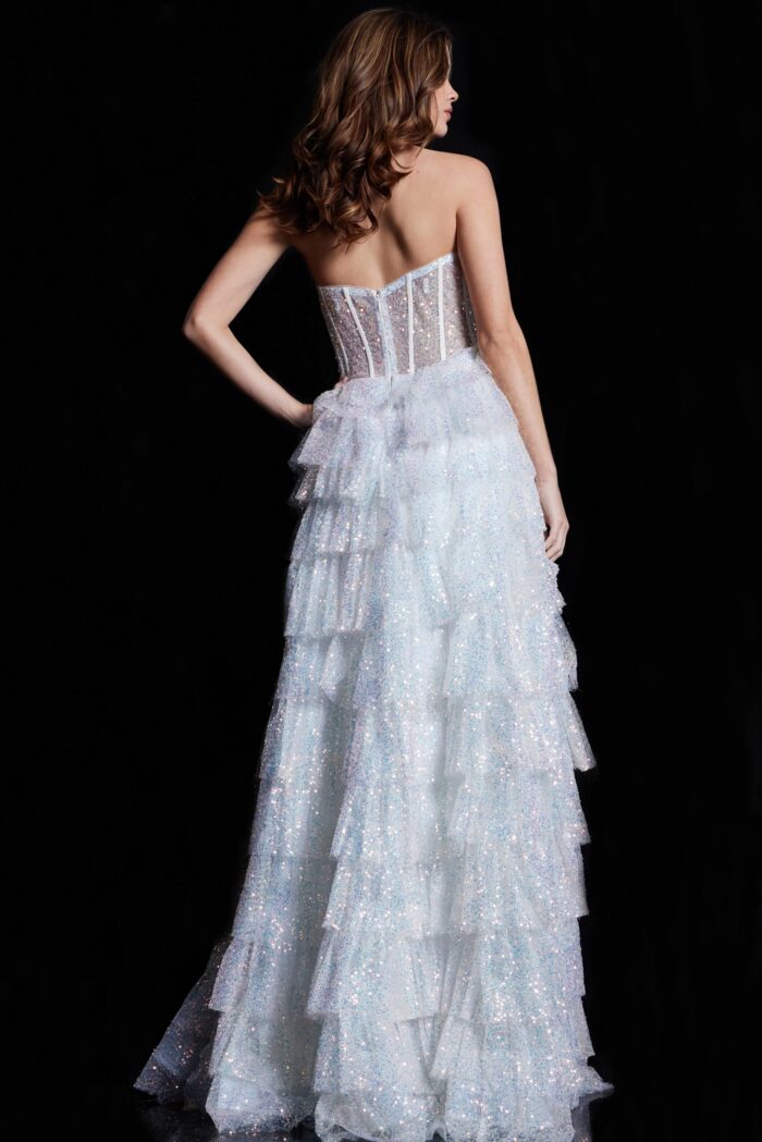 Model wearing Iridescent White Sequin Embellished Gown 38165