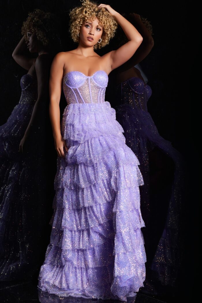 Model wearing Lilac Corset Sheer Bodice Dress 38165