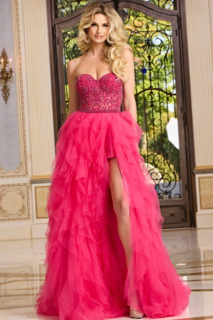 model wearing Jovani 40816 pink dress showing high slit in A-line silhouette