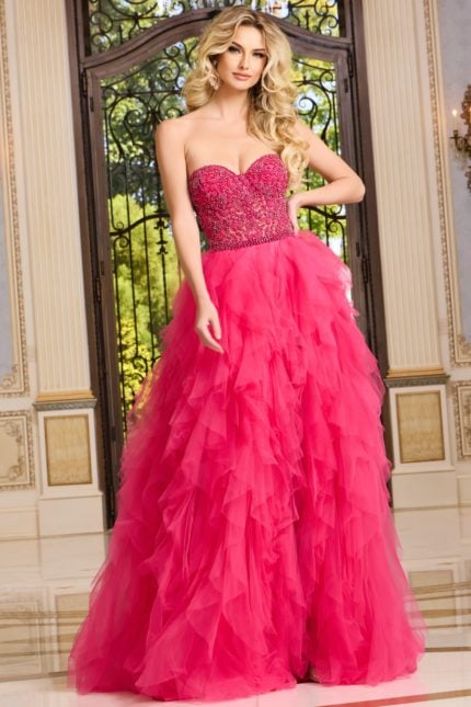 model wearing Jovani 40816 pink dress with sweetheart neckline and A-line silhouette