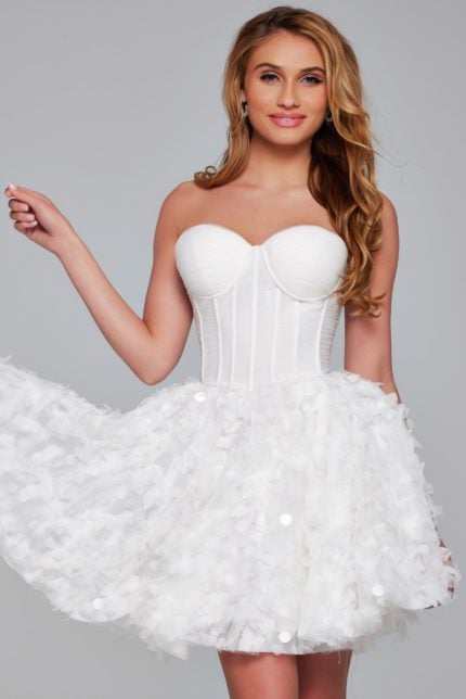 Model wearing Jovani 38248 white dress with sweetheart neckline and textured skirt, front view