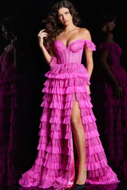 model wearing 38251 pink dress with sweetheart neckline and ruffled layers