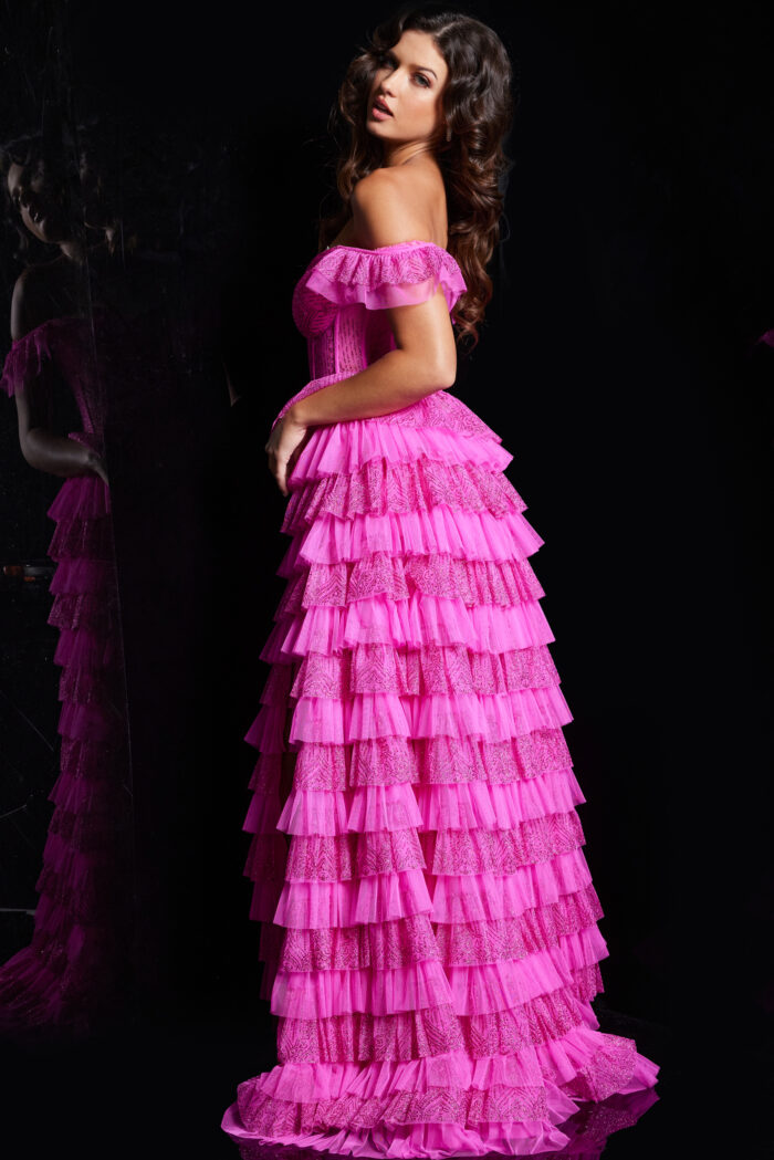 Model wearing Hot Pink Off the Shoulder Layered Ballgown 38251