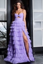 Model wearing Jovani 38290 lilac dress with sweetheart neckline and high slit, front view