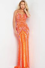 Model wearing Jovani 38300 orange gown with a sweetheart neckline, front view.