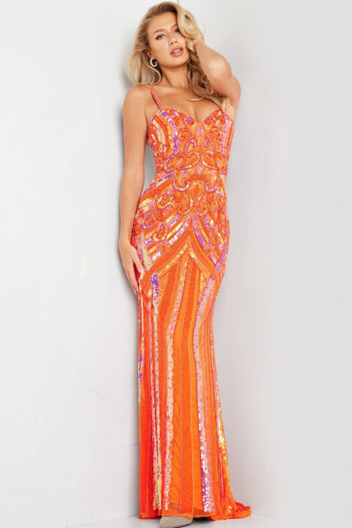 Model wearing Jovani 38300 Orange Beaded Sheath Dress