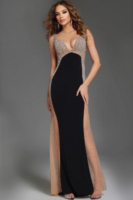 Model wearing Jovani 38307 black evening gown with V-neckline and beaded embellishments.