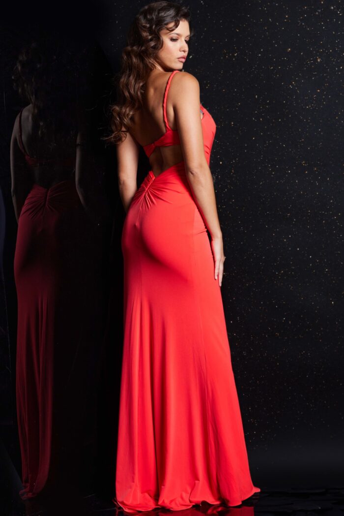 Model wearing Coral Ruched Bodice High Slit Dress 38309