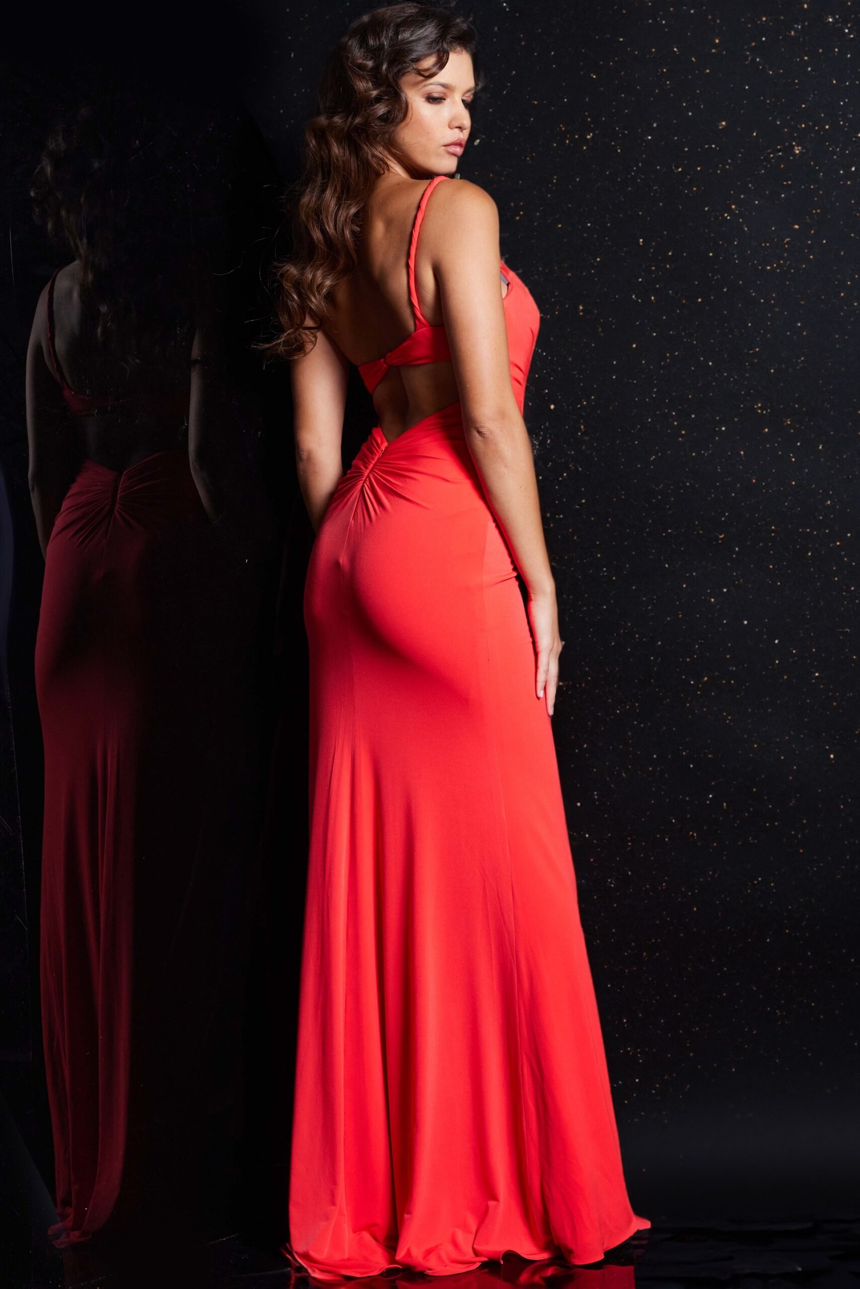 Coral Ruched Bodice High Slit Dress 38309