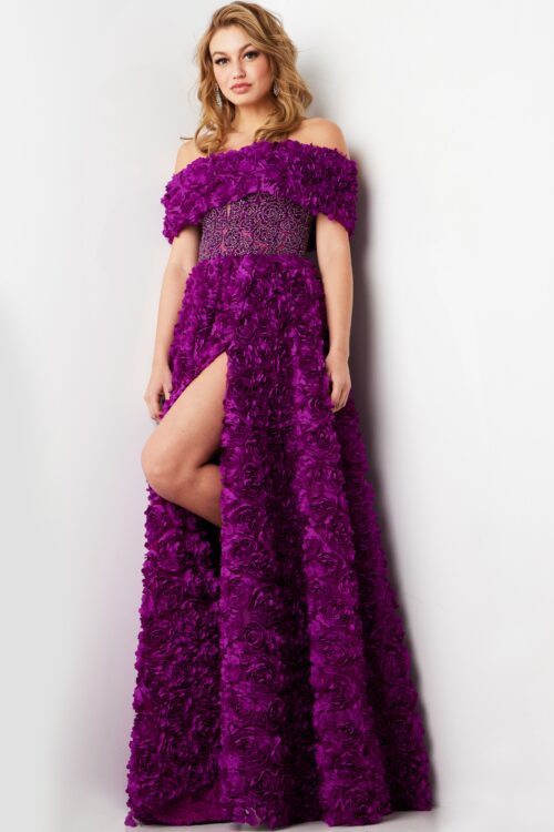 Model wearing Purple 3D Embellished Bodice Formal Gown 38318