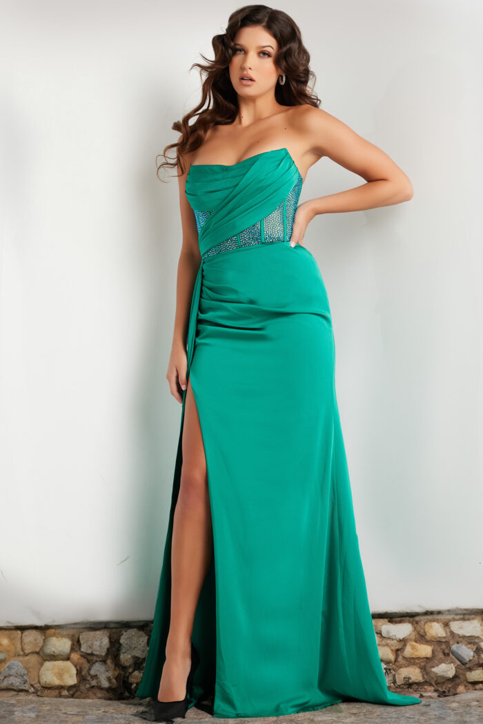 Model wearing Green Embellished Strapless Bodice Dress 38330