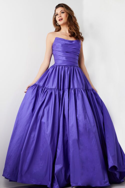 Model wearing Purple Strapless Prom Ballgown
