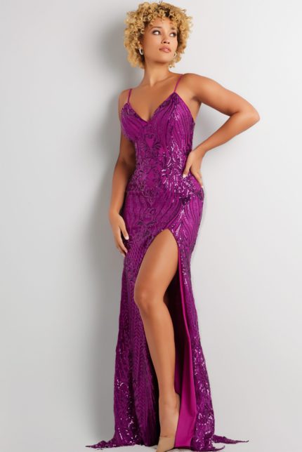 Model wearing Jovani 38337 purple dress with V-neck and high slit