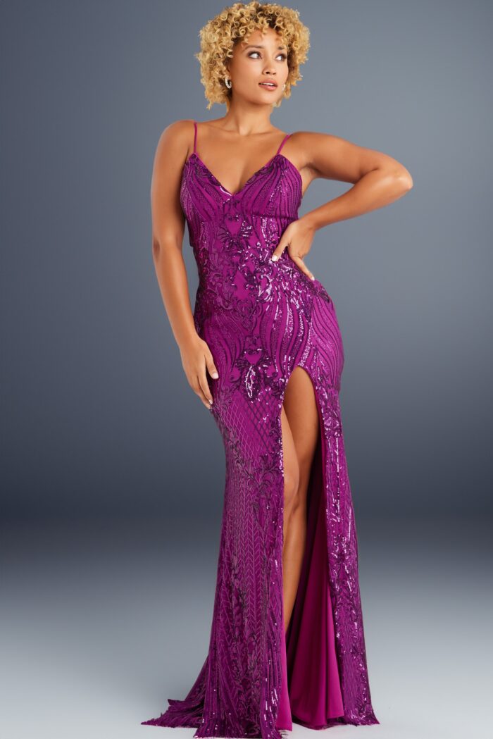 Model wearing Purple Sheath High Slit Dress 38337