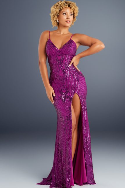 Model showcasing Jovani 38337 purple gown with sequin details