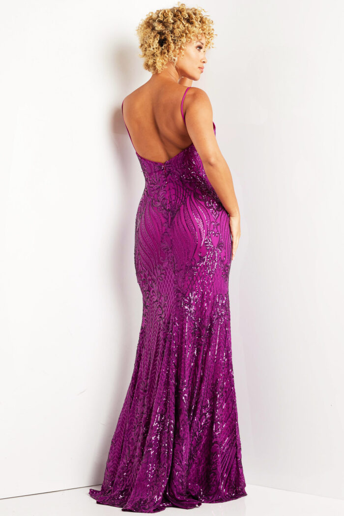 Model wearing Purple Sheath High Slit Dress 38337