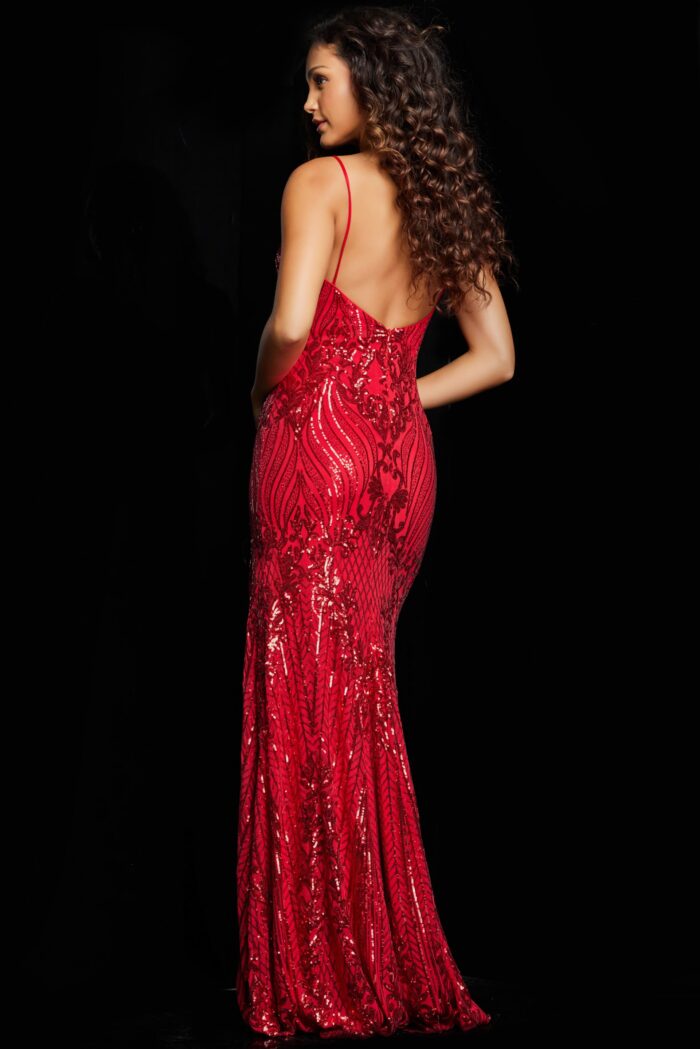 Model wearing Red Sequin Embellished Backless Dress 38337