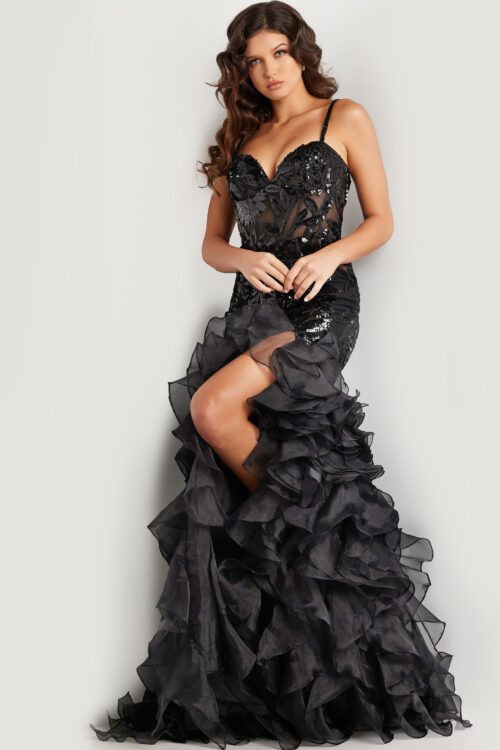 Model wearing Black Embellished Mermaid Dress 38358