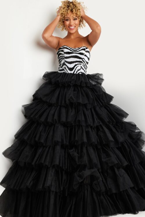 Model wearing Black White Sequin Strapless Bodice Ballgown 38360