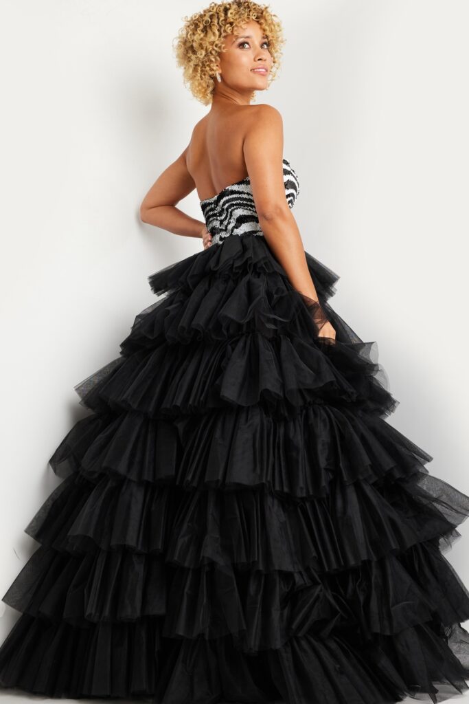 Black White Sequin Strapless Bodice Ballgown 38360