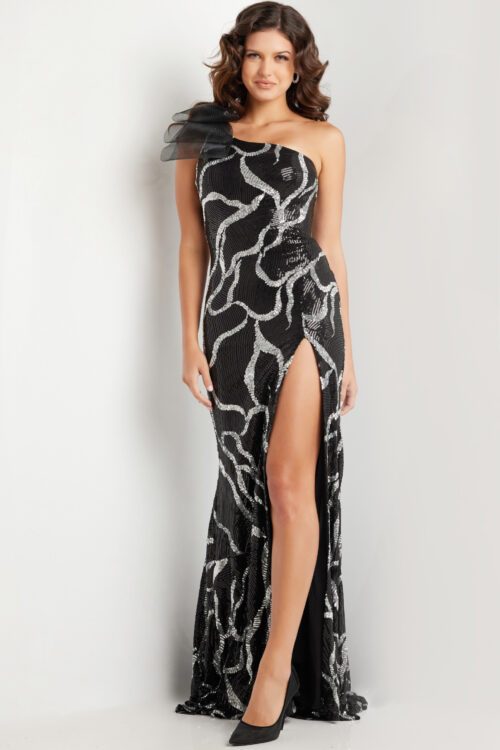 Model wearing Black Silver Sequin One Shoulder Dress 38377