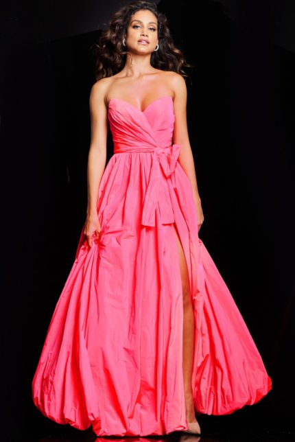 Model wearing Jovani 38382 pastel pink gown showcasing the front design