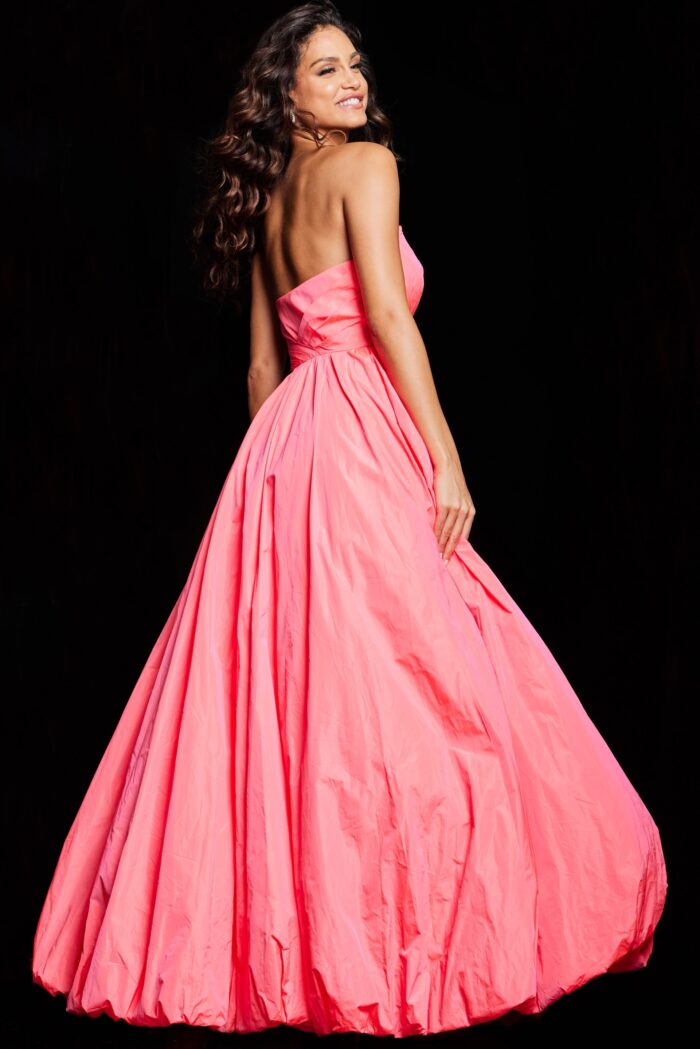 Model wearing Coral Pleated Bodice A Line Gown 38382