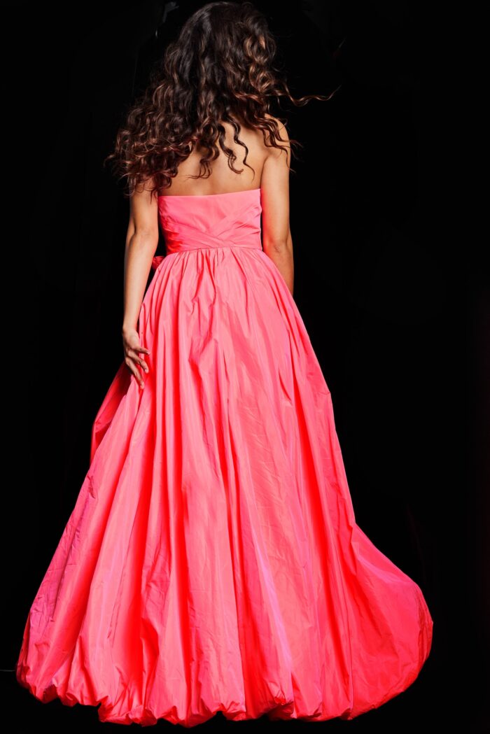 Model wearing Coral Pleated Bodice A Line Gown 38382