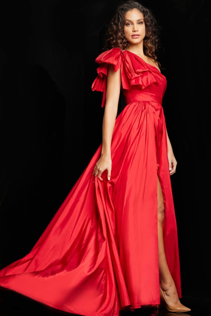 Model wearing Red One Shoulder High Slit Gown 38466