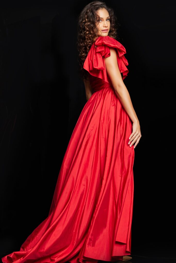 Red One Shoulder High Slit Gown 38466