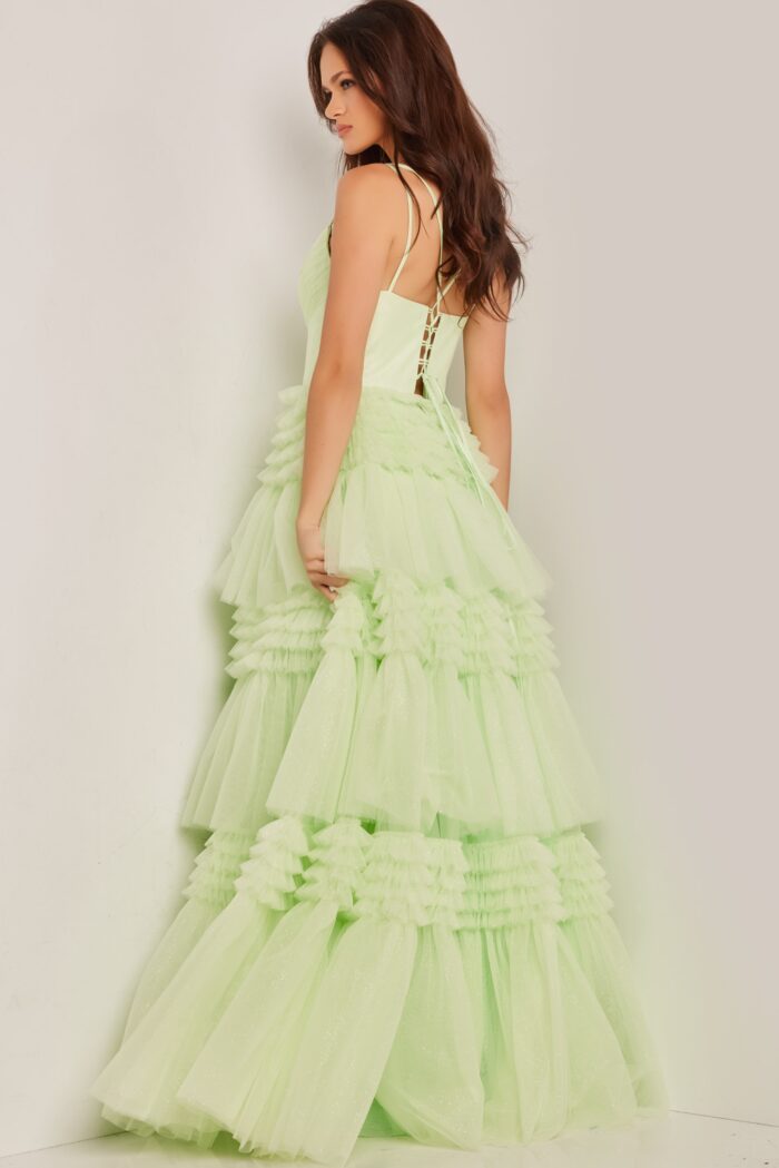 Model wearing Mint Spaghetti Straps Glitter Formal Gown 38477