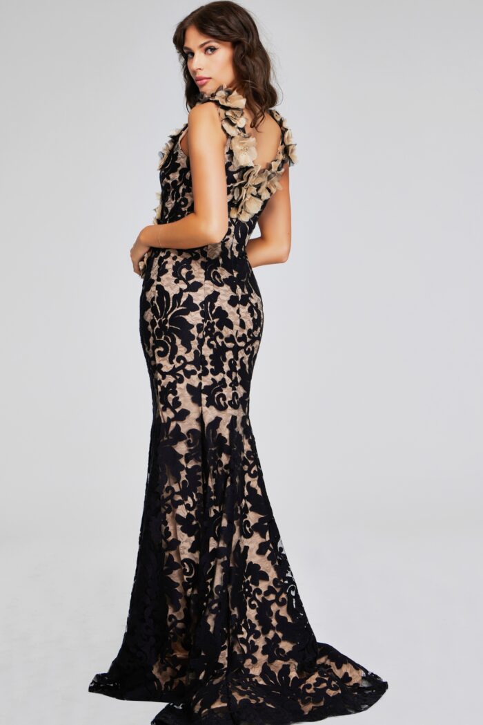 Model wearing Black and Nude Floral Gown 38497