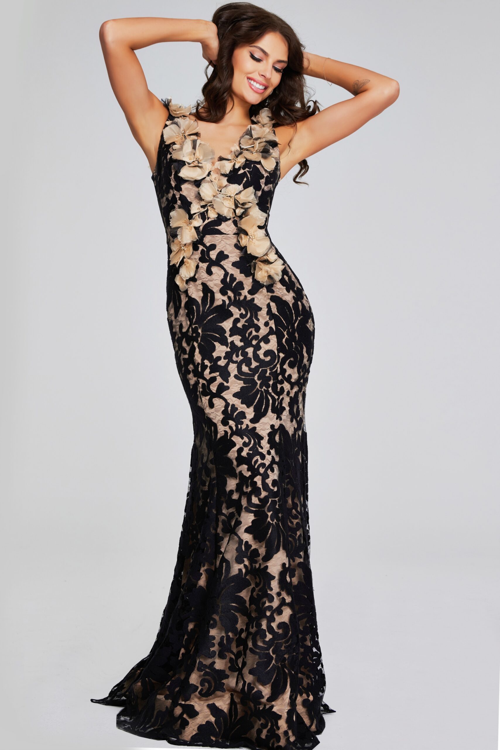 Black and Nude Floral Gown 38497