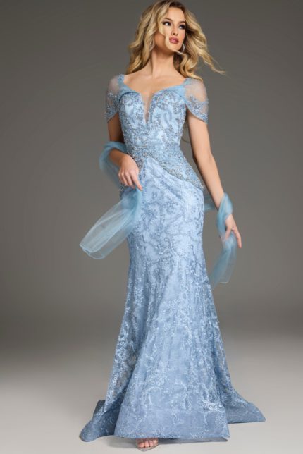 Model showcasing Jovani 38514 blue gown, front full-length view.