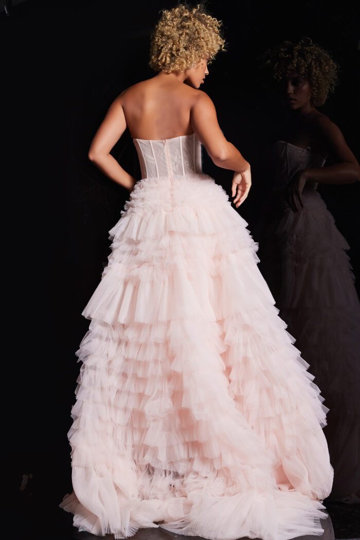 Model wearing Pink Corset Bodice Layered Skirt Ballgown 38540